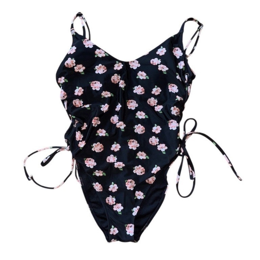 Hollister One Piece Swimsuit Womens Size M Black Pink Floral‎ Side Tie cali girl